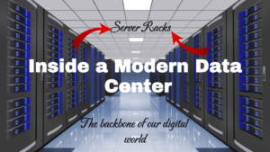 A picture of Data Centers with a bold text overlay that says "Inside Modern Data Center"